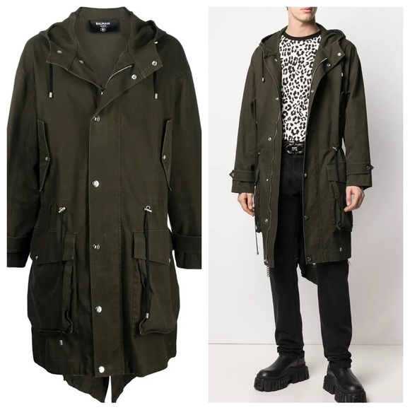 Balmain Logo Zip Button Unlined Cotton Military Jacket in Green Parka - Picture 1 of 16